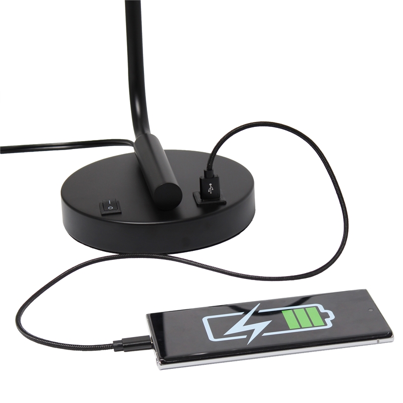 Lalia Home Modern Iron Desk Lamp with USB Port and Glass Shade Black