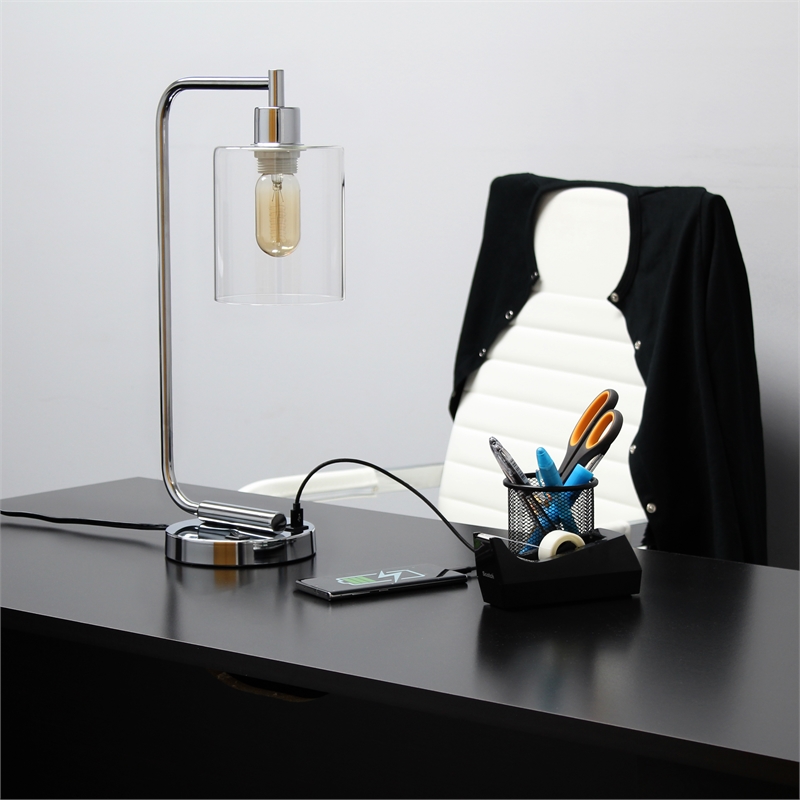 Lalia Home Modern Iron Desk Lamp with USB Port and Glass Shade Chrome