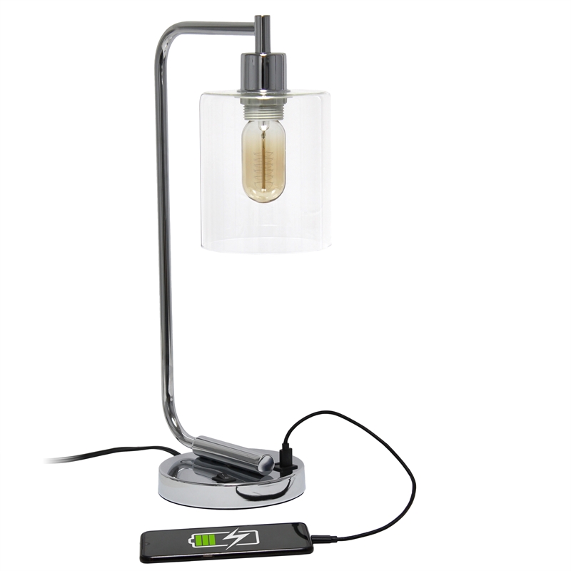 Lalia Home Modern Iron Desk Lamp with USB Port and Glass Shade Chrome