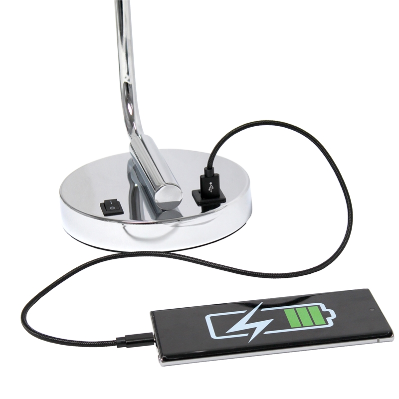 Lalia Home Modern Iron Desk Lamp with USB Port and Glass Shade Chrome
