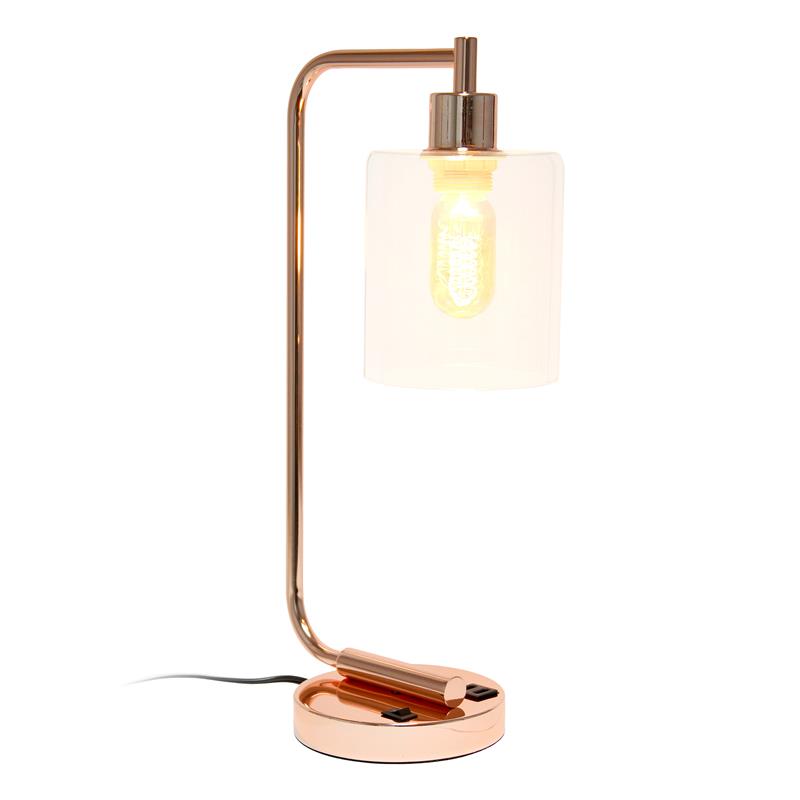 Lalia Home Modern Metal Desk Lamp with USB Port and Glass Shade Rose Gold