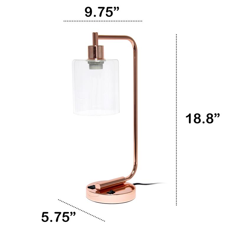 Lalia Home Modern Metal Desk Lamp with USB Port and Glass Shade Rose Gold