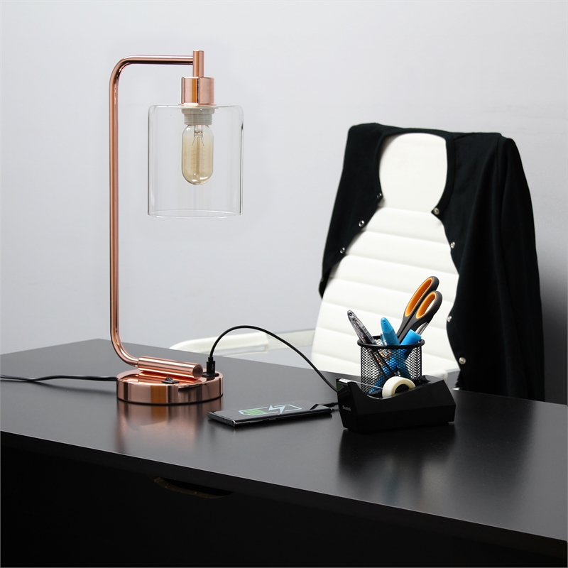 Lalia Home Modern Metal Desk Lamp with USB Port and Glass Shade Rose Gold