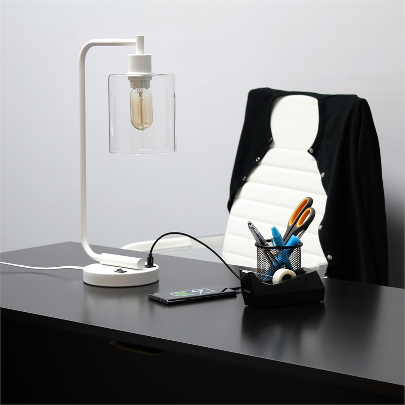 Lalia Home Modern Iron Desk Lamp with USB Port and Glass Shade White