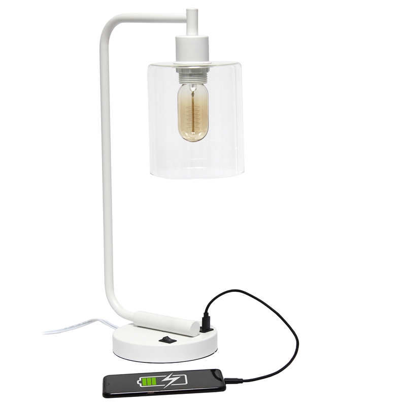 Lalia Home Modern Iron Desk Lamp with USB Port and Glass Shade White