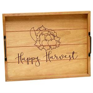 Decorative Wood Serving Tray w Handles 15.50in x 12in Happy Harvest