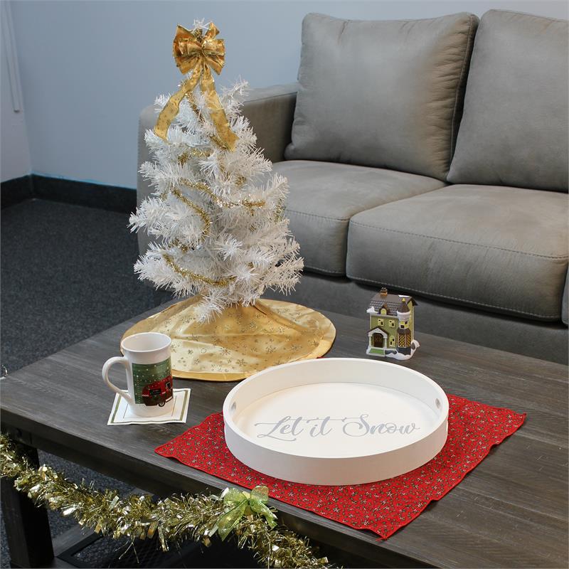 Decorative 13.75in Round Wood Serving Tray w Handles Let it Snow