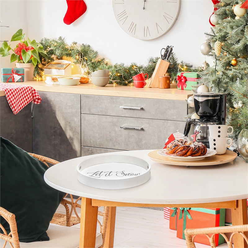 Decorative 13.75in Round Wood Serving Tray w Handles Let it Snow