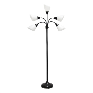 5 light adjustable gooseneck black floor lamp with white shades