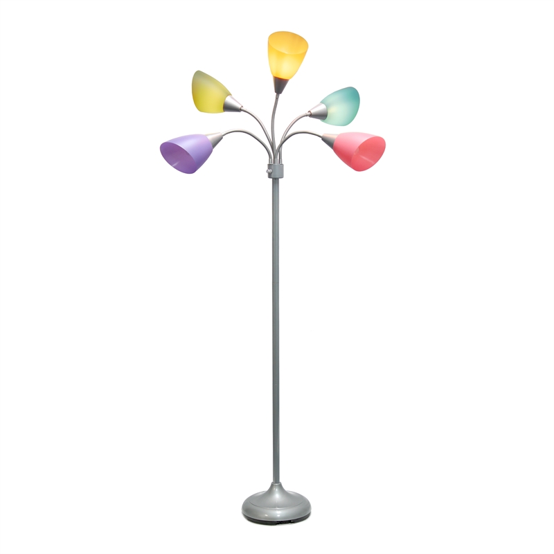 5 Light Adjustable Gooseneck Silver Floor Lamp with Fun Multicolored Shades