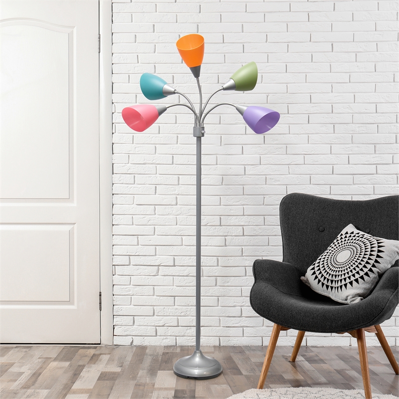 5 Light Adjustable Gooseneck Silver Floor Lamp with Fun Multicolored Shades