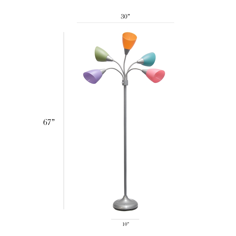 5 Light Adjustable Gooseneck Silver Floor Lamp with Fun Multicolored Shades