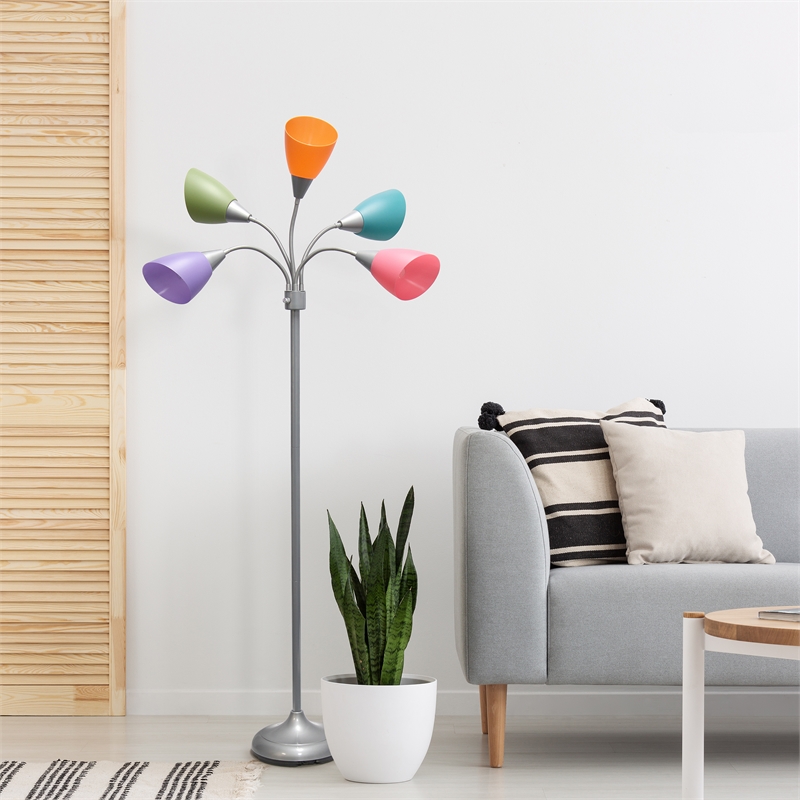 5 Light Adjustable Gooseneck Silver Floor Lamp with Fun Multicolored Shades