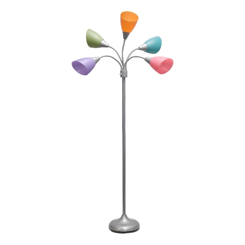 5 Light Adjustable Gooseneck Silver Floor Lamp with Fun Multicolored Shades
