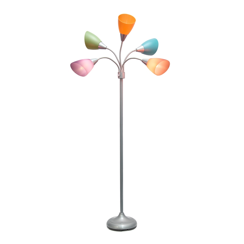 5 Light Adjustable Gooseneck Silver Floor Lamp with Fun Multicolored Shades