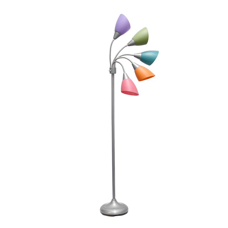 5 Light Adjustable Gooseneck Silver Floor Lamp with Fun Multicolored Shades