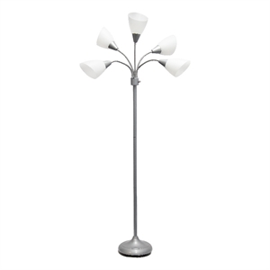 5 light adjustable gooseneck silver floor lamp with white shades