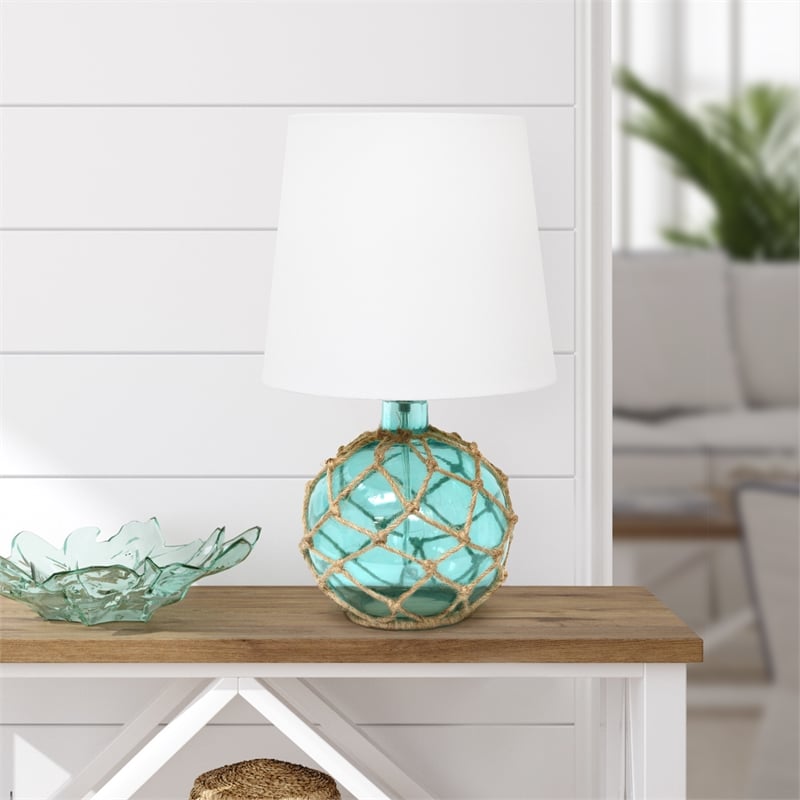 Lalia Home Maritime 14.75in Coastal Fisherman's Glass Rope Table Lamp Aqua