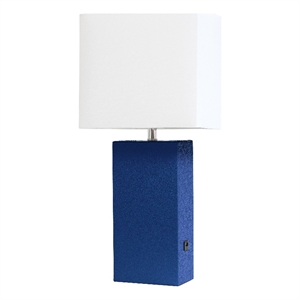 lalia home 21in leather base table lamp with usb charging port blue