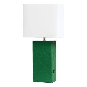 lalia home 21in leather base table lamp with usb charging port green