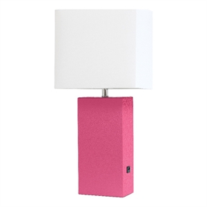 lalia home 21in leather base table lamp with usb charging port hot pink