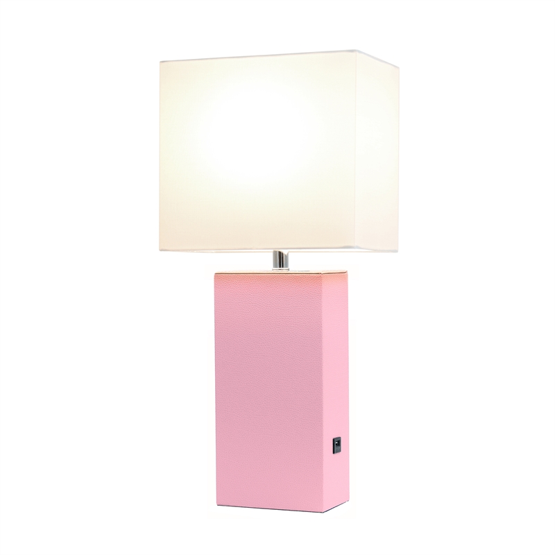 Lalia Home 21in Leather Base Table Lamp with USB Charging Port Pink