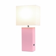 Lalia Home 21in Leather Base Table Lamp with USB Charging Port Pink