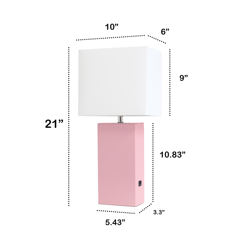 Lalia Home 21in Leather Base Table Lamp with USB Charging Port Pink
