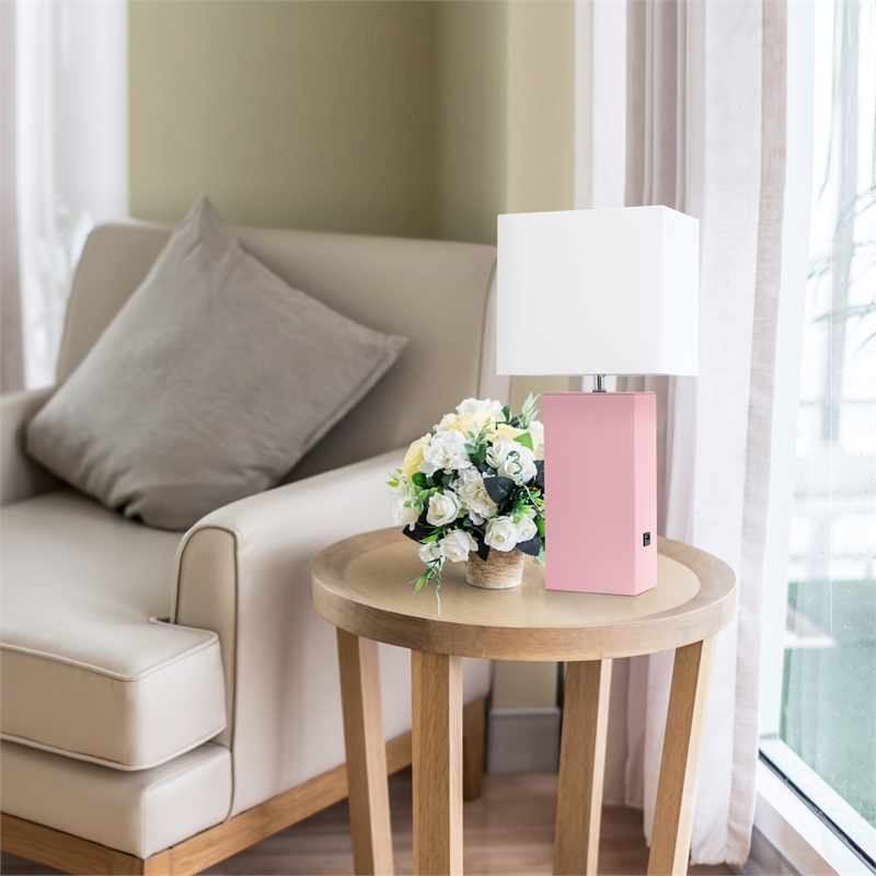 Lalia Home 21in Leather Base Table Lamp with USB Charging Port Pink