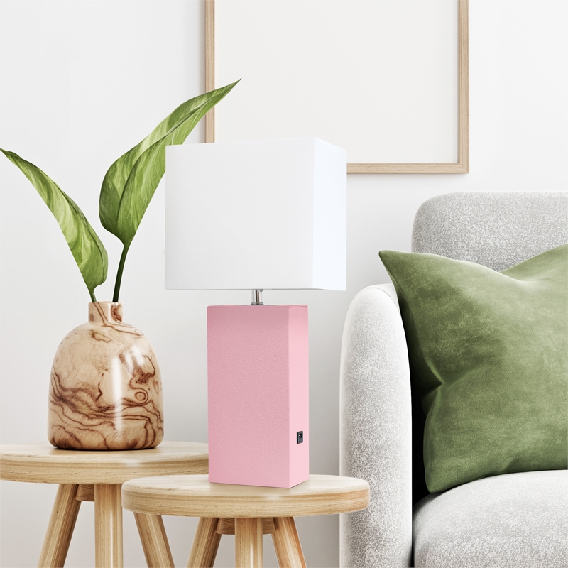 Lalia Home 21in Leather Base Table Lamp with USB Charging Port Pink