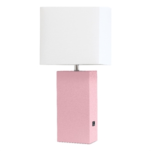 lalia home 21in leather base table lamp with usb charging port pink
