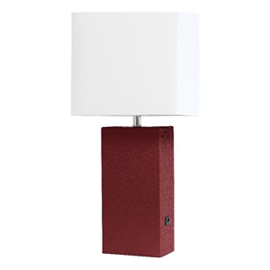 lalia home 21in leather base table lamp with usb charging port red
