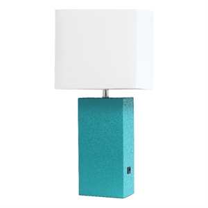lalia home 21in leather base table lamp with usb charging port teal