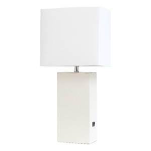 lalia home 21in leather base table lamp with usb charging port white