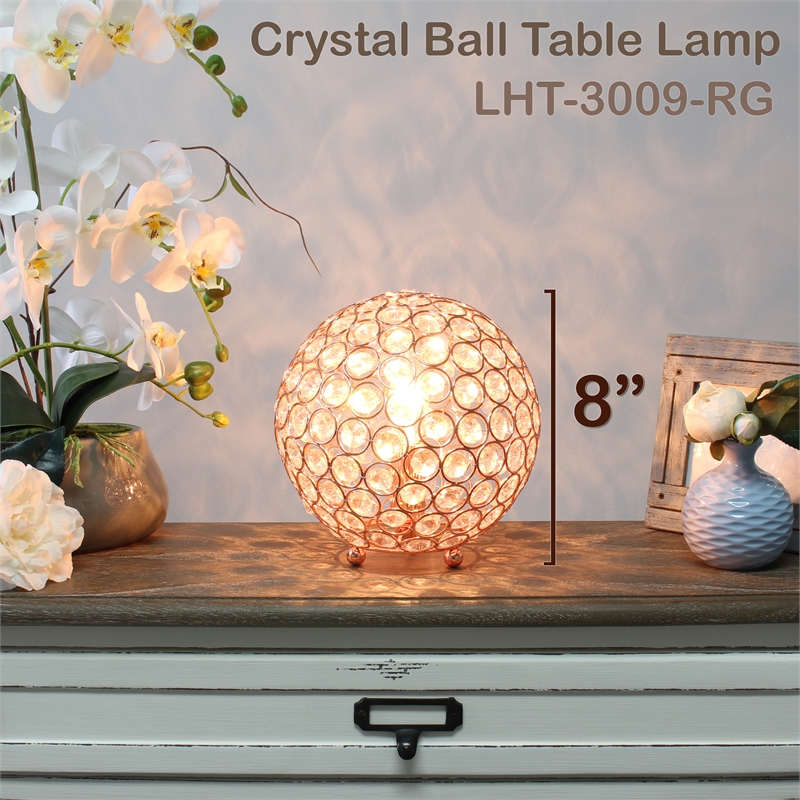 Lalia Home 8in Metal Crystal Round Sphere Glamourous Orb Table Lamp Rose Gold