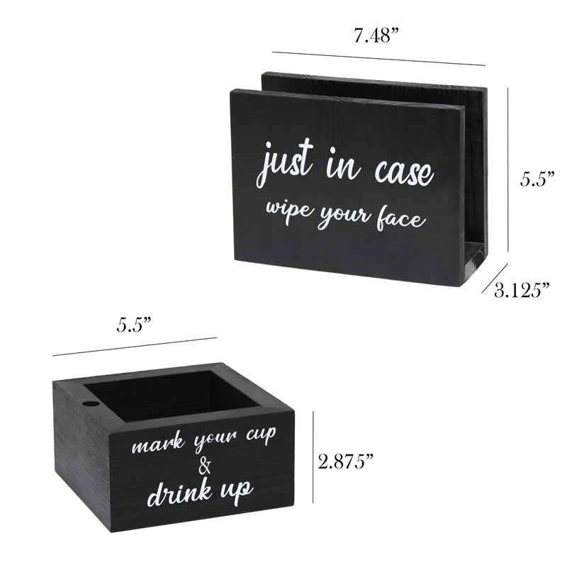 Elegant Designs Wooden Caddy Napkin and Cup Holder Set Black with White Script