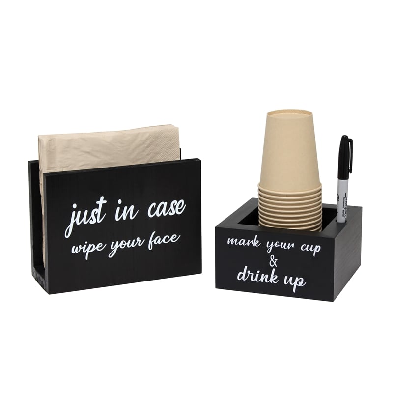 Elegant Designs Wooden Caddy Napkin and Cup Holder Set Black with White Script