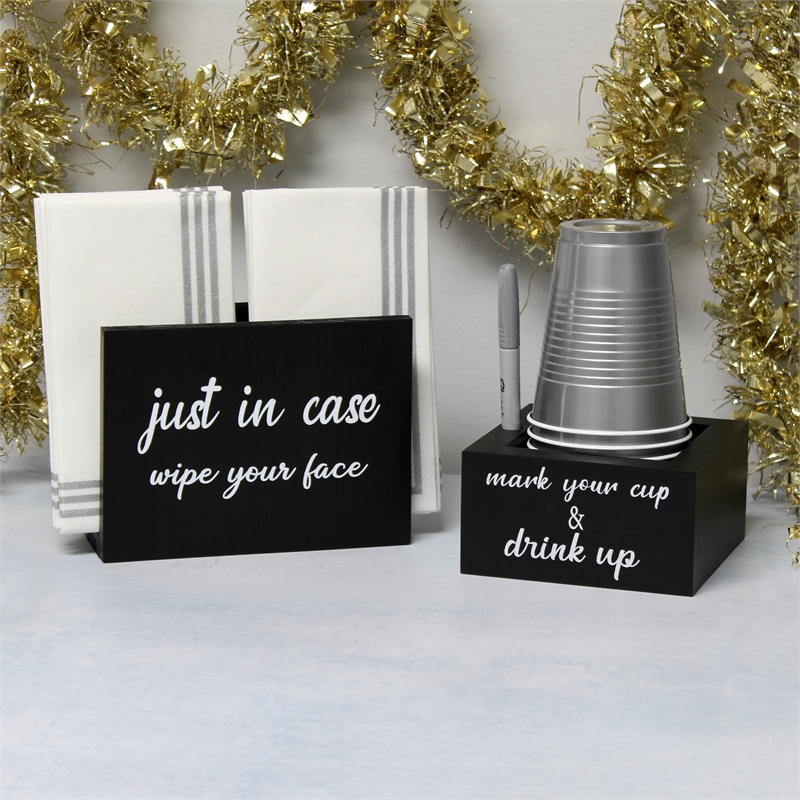 Elegant Designs Wooden Caddy Napkin and Cup Holder Set Black with White Script