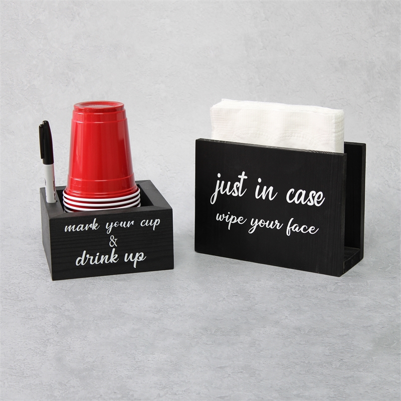 Elegant Designs Wooden Caddy Napkin and Cup Holder Set Black with White Script