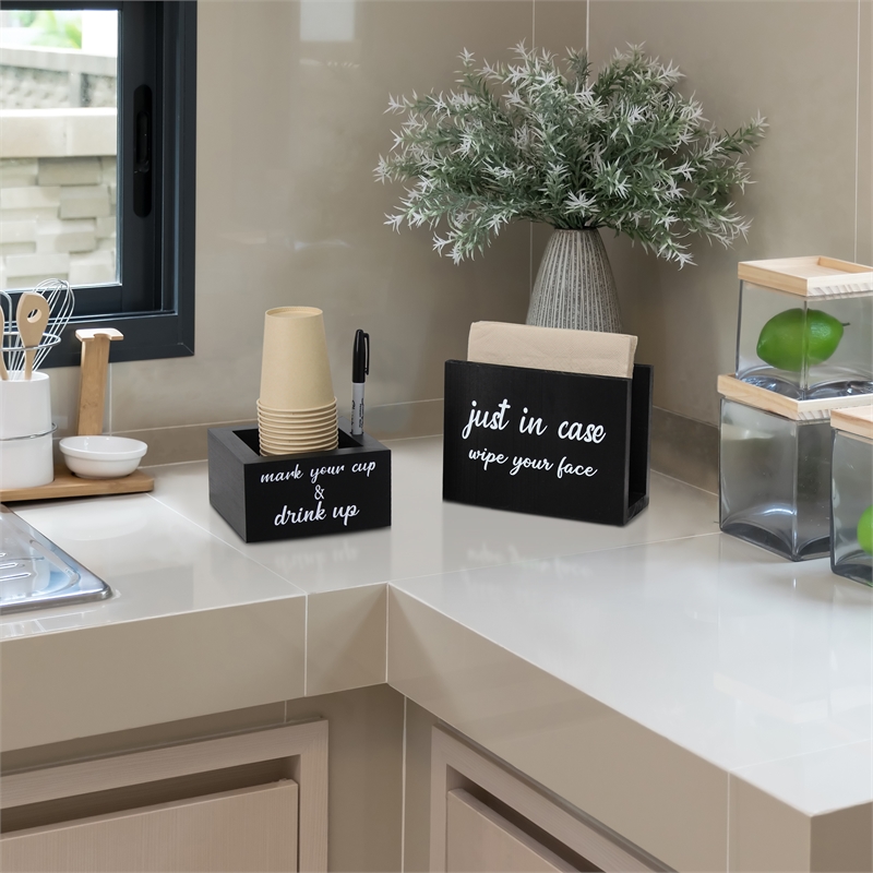 Elegant Designs Wooden Caddy Napkin and Cup Holder Set Black with White Script