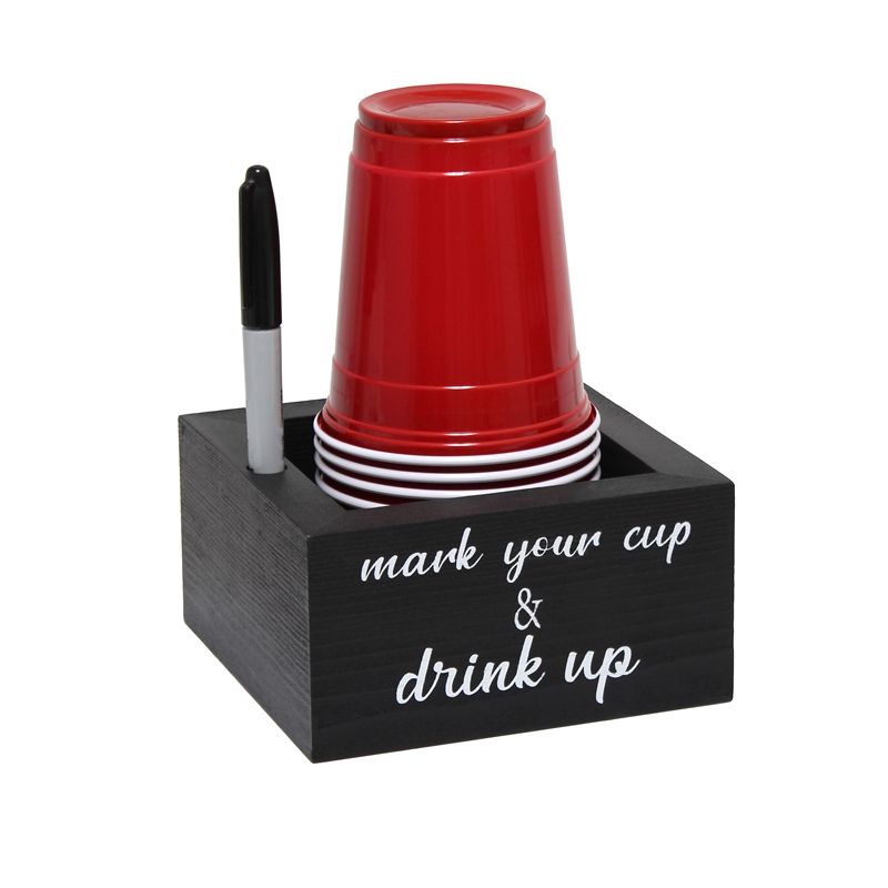 Elegant Designs Wooden Caddy Napkin and Cup Holder Set Black with White Script