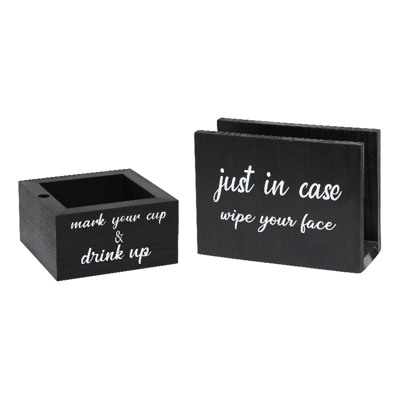 Elegant Designs Wooden Caddy Napkin and Cup Holder Set Black with White Script