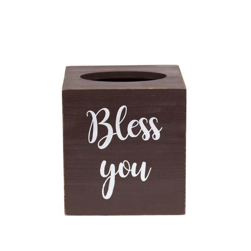 Elegant Designs Wood Tissue Box Cover with Sliding Base & White Script - Brown