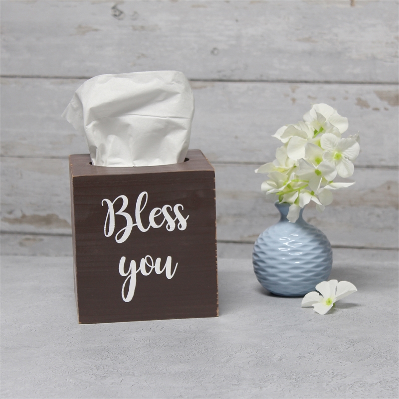 Elegant Designs Wood Tissue Box Cover with Sliding Base & White Script - Brown