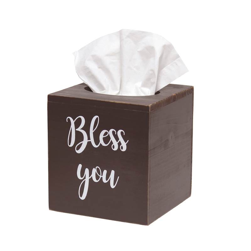 Elegant Designs Wood Tissue Box Cover with Sliding Base & White Script - Brown