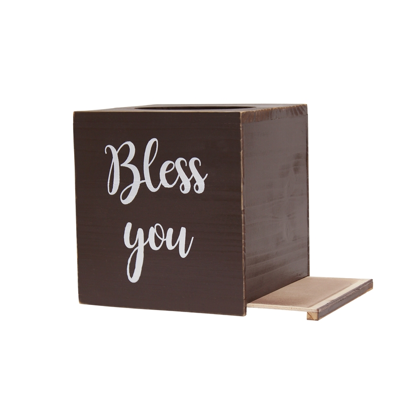 Elegant Designs Wood Tissue Box Cover with Sliding Base & White Script - Brown