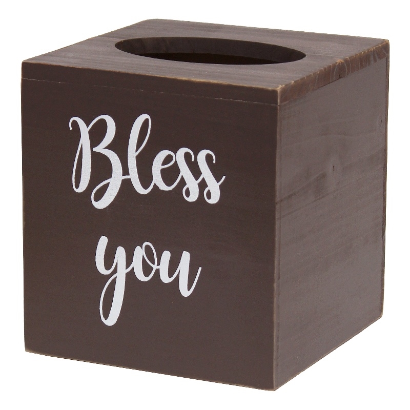 Elegant Designs Wood Tissue Box Cover with Sliding Base & White Script - Brown