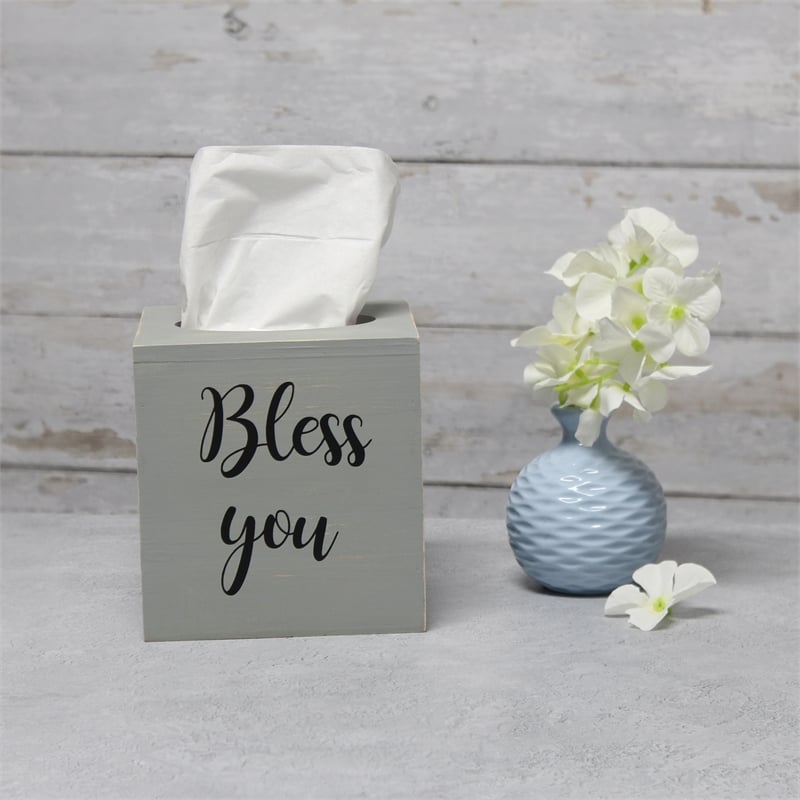 Elegant Designs Wood Tissue Box Cover with Sliding Base & Black Script - Gray