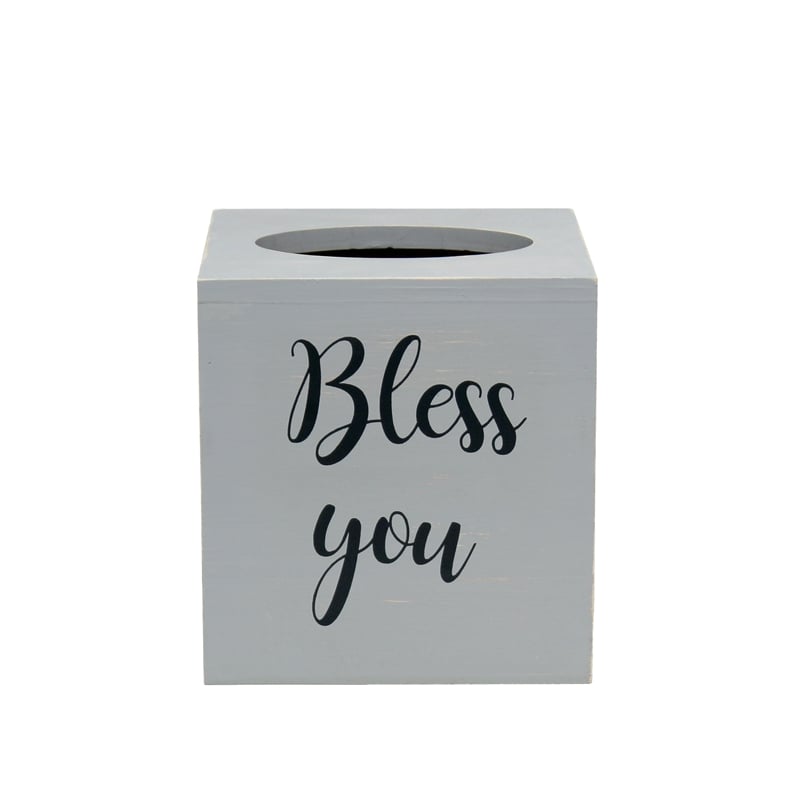 Elegant Designs Wood Tissue Box Cover with Sliding Base & Black Script - Gray