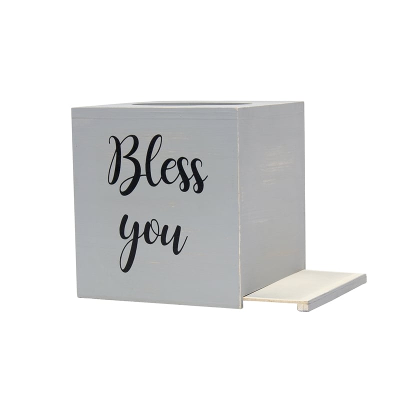 Elegant Designs Wood Tissue Box Cover with Sliding Base & Black Script - Gray
